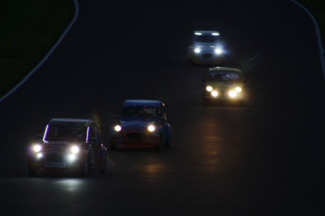 The 2014 2CV 24hr Race as night descended. My pic. Yes, that is a Mini.