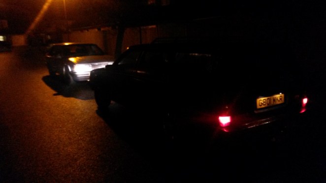 Two Volvos meet in the dark...