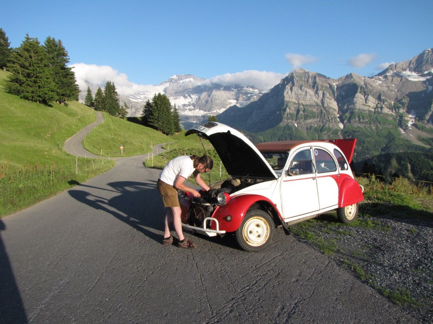Checking Elly over after a very hard climb in Switzerland.